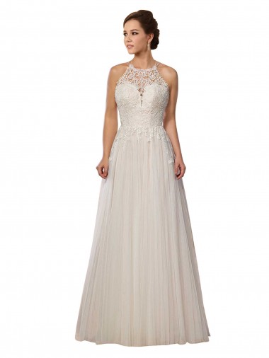 Shop Illusion Halter Lace Boho Wedding Dress with Plunging Sweetheart Bodice Melbourne