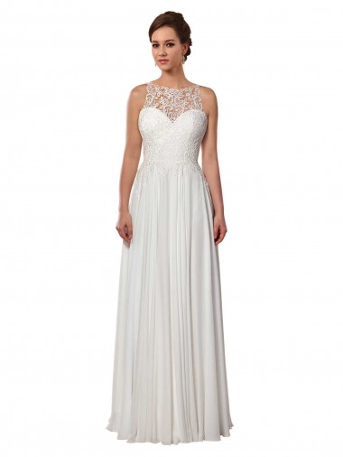 Shop Illusion Neck A-Line Chiffon Beach Wedding Dress with Lace Halter Neckline Melbourne
