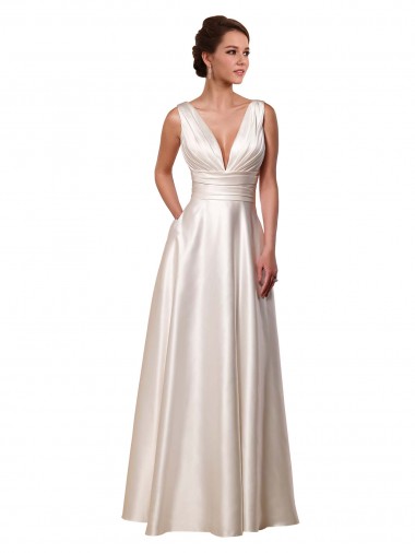 Deep V-Neck A-Line Satin Wedding Dress with Pockets Melbourne