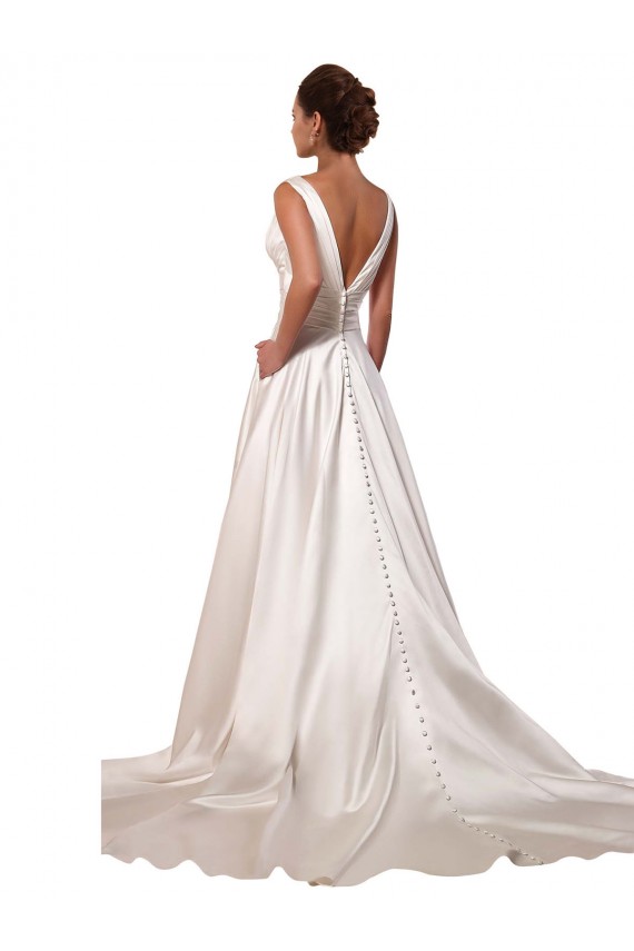 Deep V-Neck A-Line Satin Wedding Dress with Pockets Melbourne