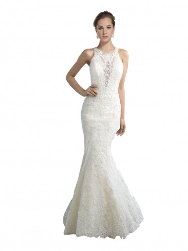 Shop Deep Illusion Neck Mermaid Tulle Beach Wedding Dress with All Over Lace Melbourne