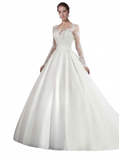 Long Sleeves Illusion Neck A-Line Satin Wedding Dress with Lace Bodice Melbourne