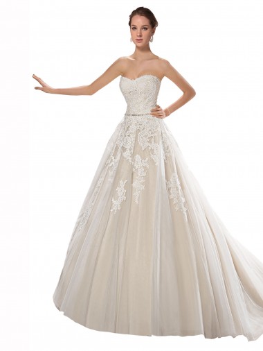 Strapless Ball Gown Tulle Wedding Dress with Lace Cascades Melbourne