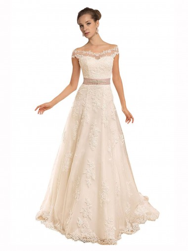 Off the Shoulder Illusion Back A-Line Lace Beach Wedding Dress Melbourne