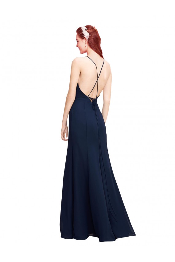 High Halter Fit and Flare Long Chiffon Bridesmaid Dress / Prom Dress with Criss Cross Low Back Melbourne