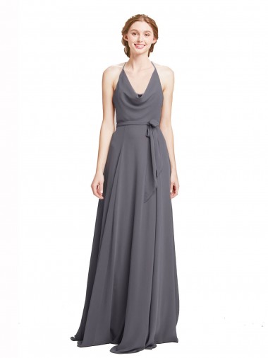 Shop Spaghetti Strap Long Chiffon Bridesmaids Dress with Halter Cowl Neck Melbourne