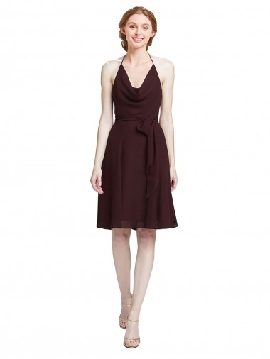 Shop Short Knee Length Chiffon Bridesmaids Dress with Halter Cowl Neck Melbourne