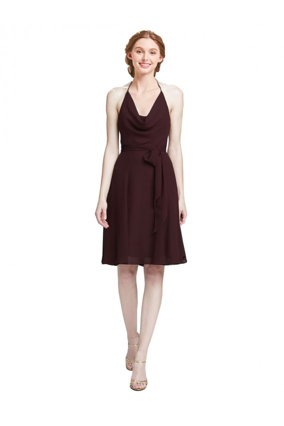Short Knee Length Chiffon Bridesmaids Dress with Halter Cowl Neck