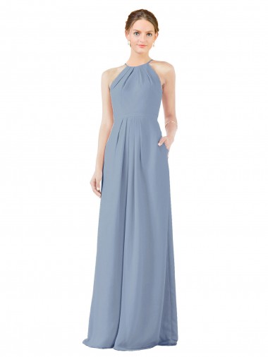 Shop Fitted Long High Halter Neck Chiffon Bridesmaid Dress with Keyhole Back Melbourne