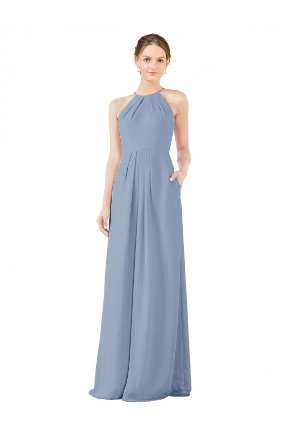 Fitted Long High Halter Neck Chiffon Bridesmaid Dress with Keyhole Back Melbourne