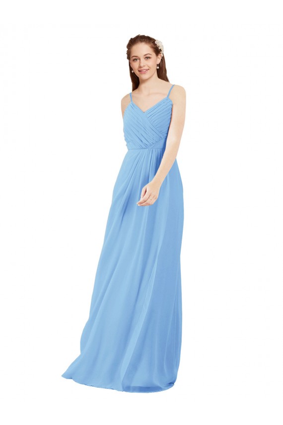 Pleated Low Back Long V-Neck Chiffon Bridesmaid Dress with Thin Straps Melbourne
