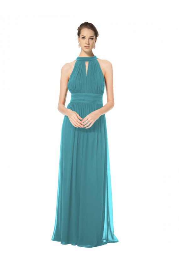 Ruched Long Chiffon Halter Bridesmaid Dress with Tie Back and Tails Melbourne