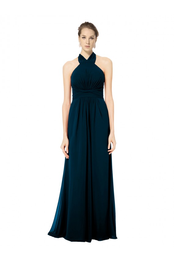 Keyhole Back Long Chiffon Halter Dress with Halter Straps Cross Neck