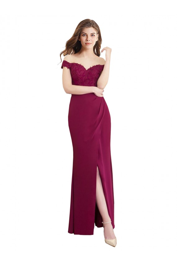 Off the Shoulder Chiffon Bridesmaid Dress with Lace Appliques and Front Slit Melbourne