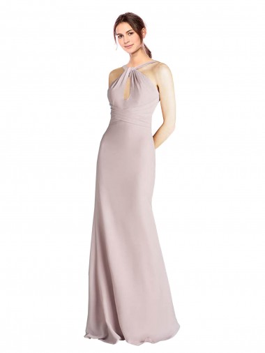 Shop Long Slim Chiffon Bridesmaid Dress with Ruffled Waist and Keyhole Melbourne