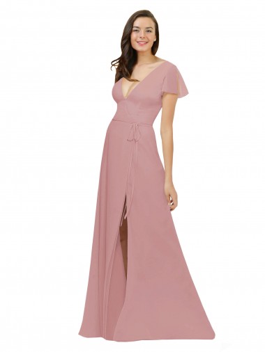 Shop Flutter Sleeves Short Chiffon Bridesmaid Dress with Tie Belt Melbourne
