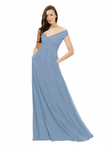 Shop Chiffon Bridesmaid Dress with Classic Off the Shoulder Neckline Melbourne