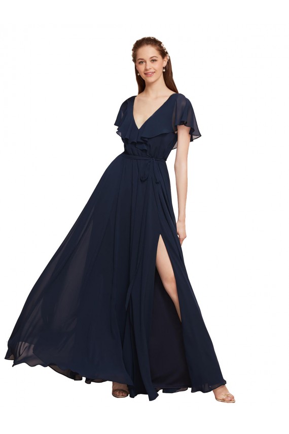 Long V-Neck Chiffon Bridesmaid Dress with Slit and V-Back Melbourne