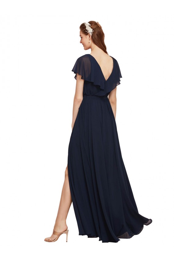Long V-Neck Chiffon Bridesmaid Dress with Slit and V-Back Melbourne