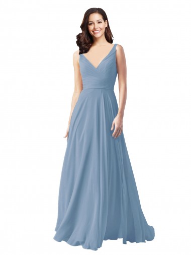 Shop Long Chiffon V-Neck and Self Sash Bridesmaid Dress with Shirred Criss Cross Bodice Melbourne