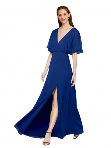 Shop V-Neck Long Chiffon Bridesmaid Dress with Dolman Sleeved Bodice and Slit Melbourne