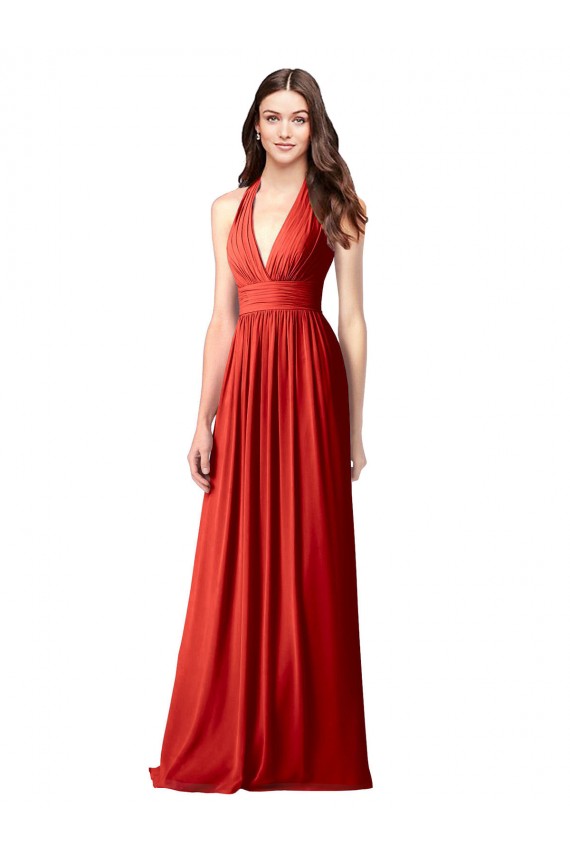 Halter V-Neck A-Line Chiffon Bridesmaid Dress with Shirred Skirt Melbourne