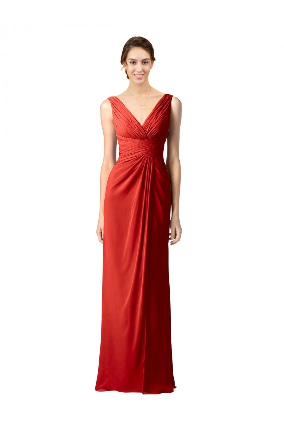 Shirred Long Floor Length Chiffon Bridesmaid Dress with V-Back