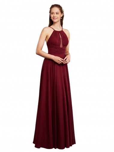 Shop Long A-Line Halter Neck Chiffon Bridesmaid Dress with Draped Bodice Melbourne