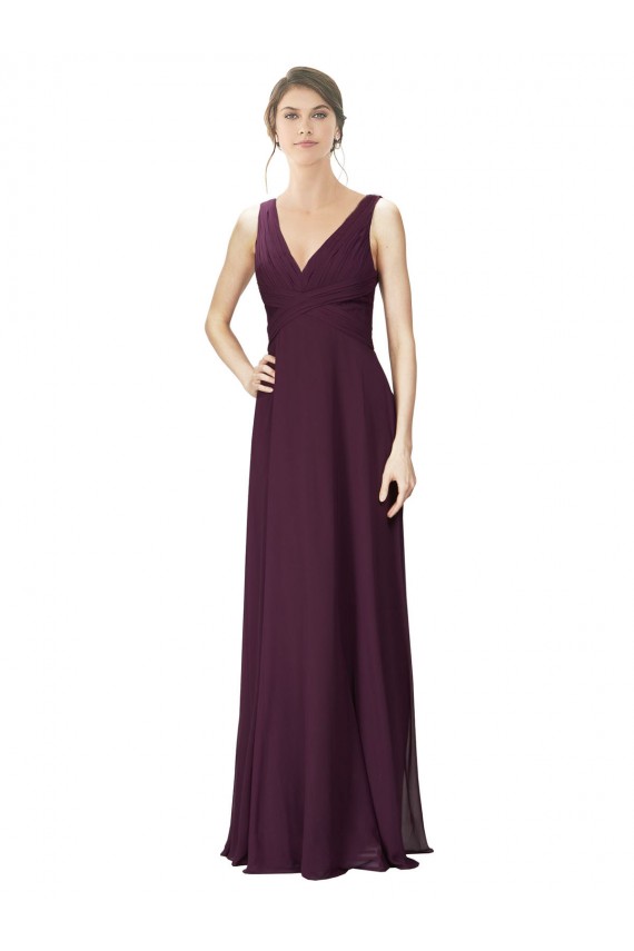 Long Chiffon Bridesmaid Dress with Ruched Criss Cross V-Neck Bodice Melbourne