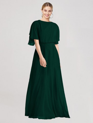 Shop Full-Length Flutter Sleeves Plunging V Back Chiffon Bridesmaid Dress Melbourne