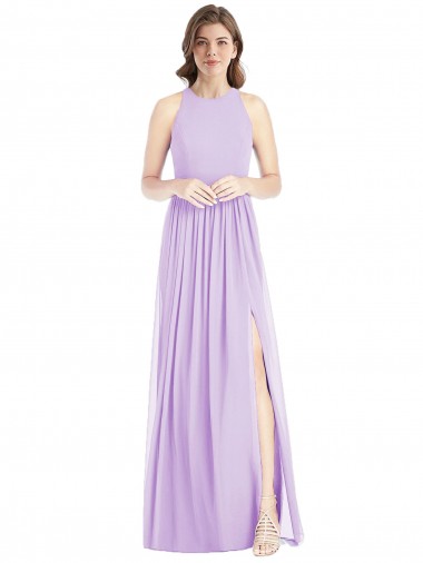 Shop Shirred Skirt Jewel Neck Halter Chiffon Bridesmaid Dress with Front Slit Melbourne