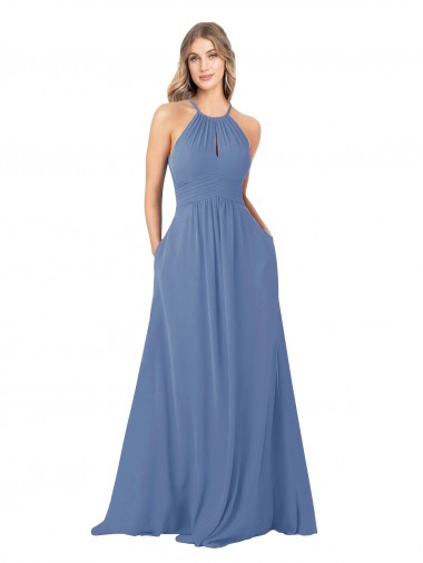 Shop Draped High Neck Keyhole Back Bridesmaid Dress with Front Slit Melbourne