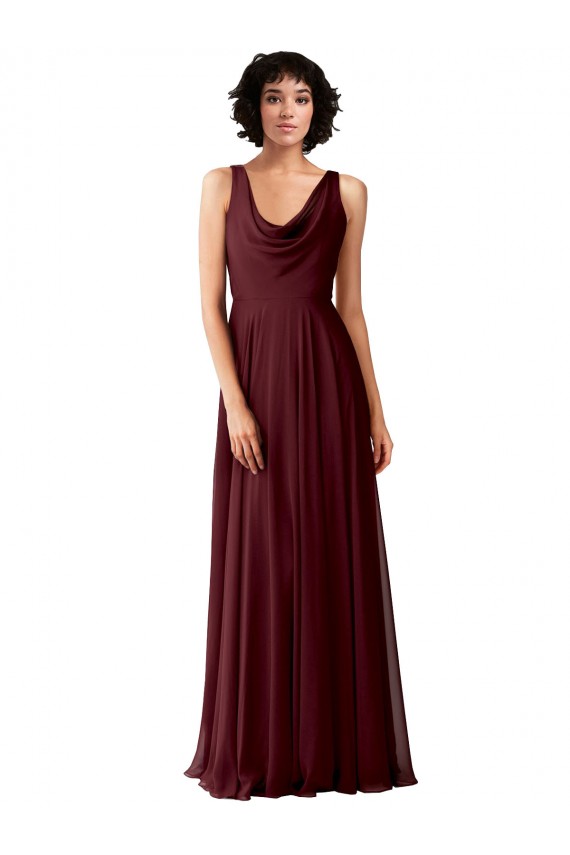 Draped Cowl Neck Long Chiffon Bridesmaid Dress with Wide Straps
