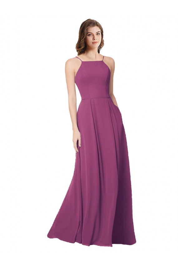 Halter Neck Long Pleated Chiffon Bridesmaid Dress with Pockets Melbourne