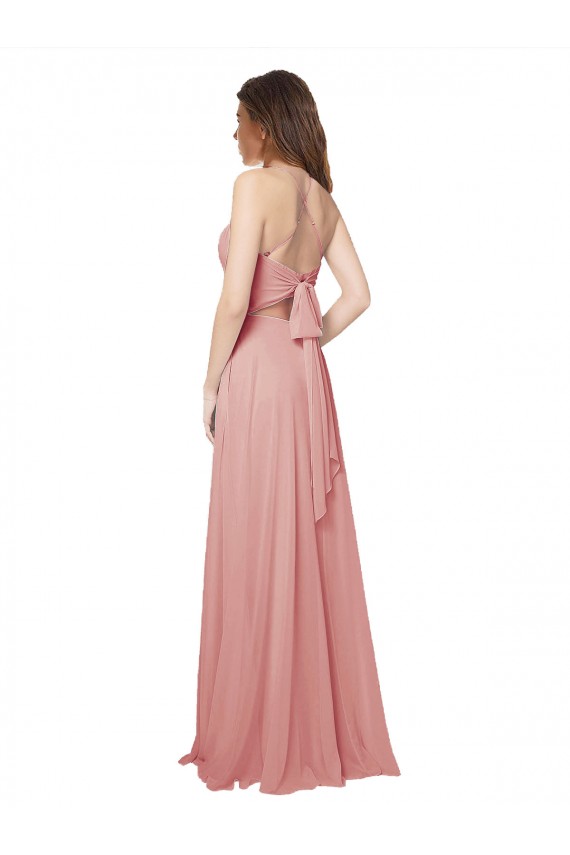 Open Back Wide Tie Band Long Chiffon Bridesmaid Dress with Pockets Melbourne