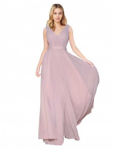 Shop Draped V-Neck Long Chiffon Bridesmaid Dress / Formal Prom Dress with Shirred Bodice Melbourne