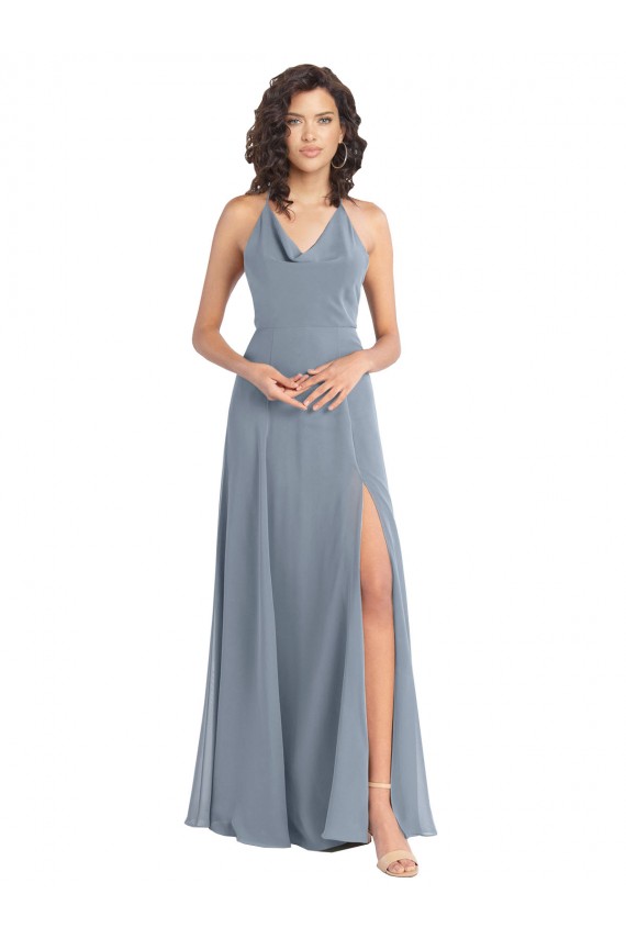 Slim A-Line Cowl Neck Long Chiffon Bridesmaid Dress with Side High Slit Melbourne