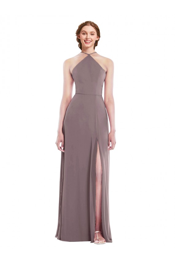 Diamond Halter Maxi Formal Bridesmaid Dress with Front Slit