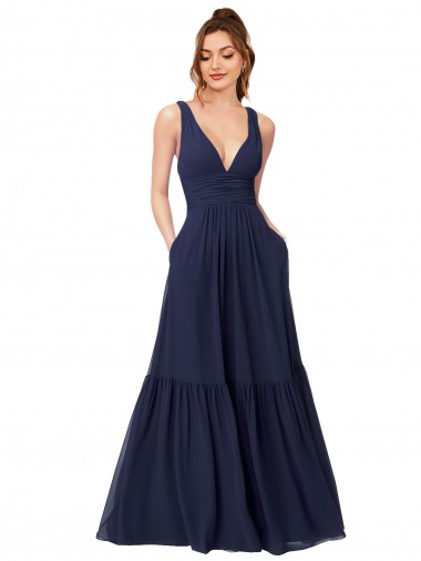 Shop Floor Length Deep V-Neck Ruched Chiffon Long Bridesmaid Dress Melbourne