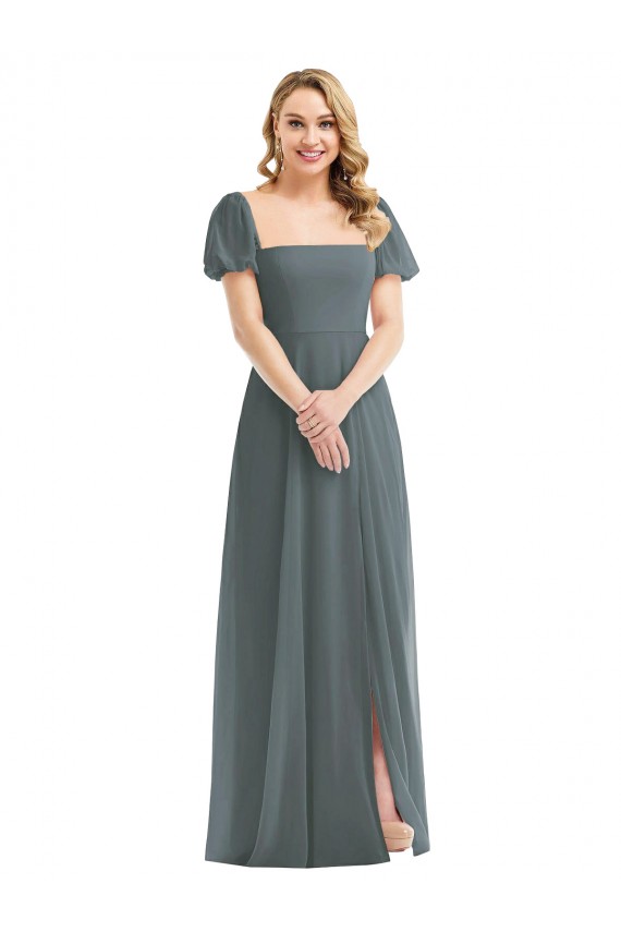 Puff Sleeves Chiffon Maxi Bridesmaid Dress with Front Slit Melbourne