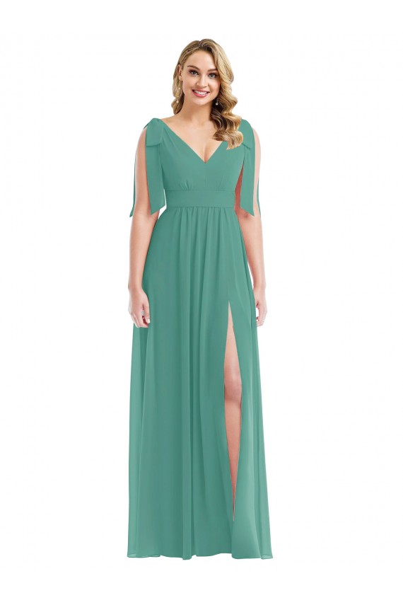 Plunge Neckline Bow Shoulder Chiffon Maxi Bridesmaid Dress Melbourne