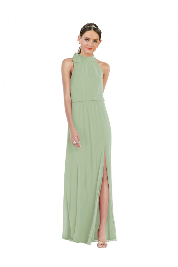 High Neck Scarf Tie Blouson Bodice Maxi Bridesmaid Dress with Front Slit Melbourne