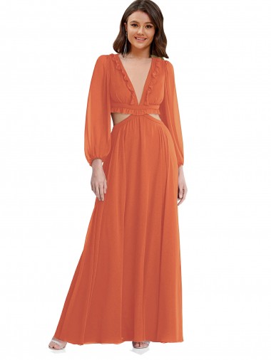 Shop High Low Ruffled Long Chiffon Cutout Bishop Sleeves Maxi Bridesmaid Dress Melbourne