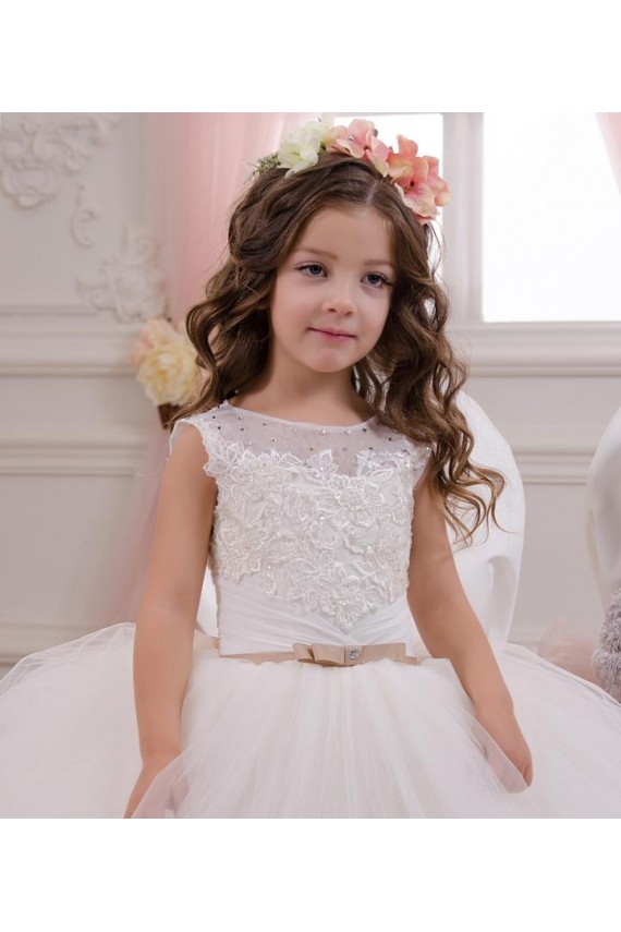 Ivory Ball Gown Bateau Neck Chapel Train Sleeveless Flower Girl Dress Melbourne