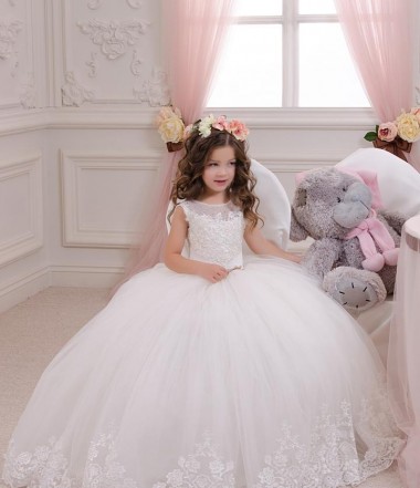 Ivory Ball Gown Bateau Neck Chapel Train Sleeveless Flower Girl Dress Melbourne