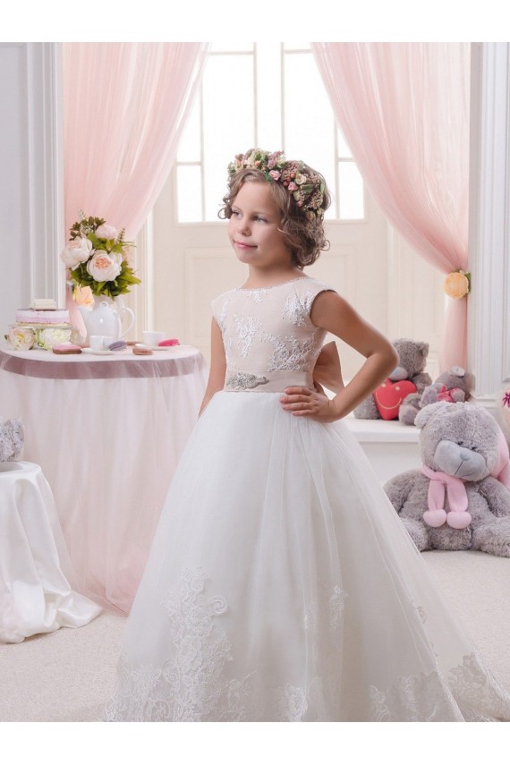 Ivory Ball Gown Bateau Neck Chapel Train V-Back Flower Girl Dress Melbourne