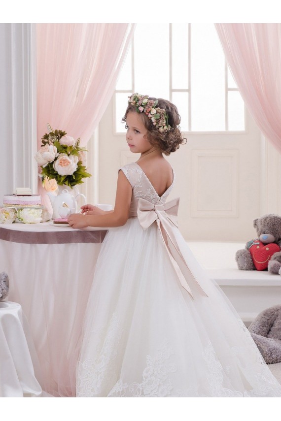 Ivory Ball Gown Bateau Neck Chapel Train V-Back Flower Girl Dress Melbourne