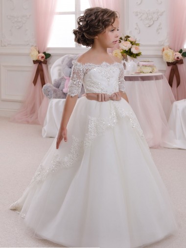 Ivory Ball Gown High Neck Floor Length Short Sleeve Flower Girl Dress Melbourne