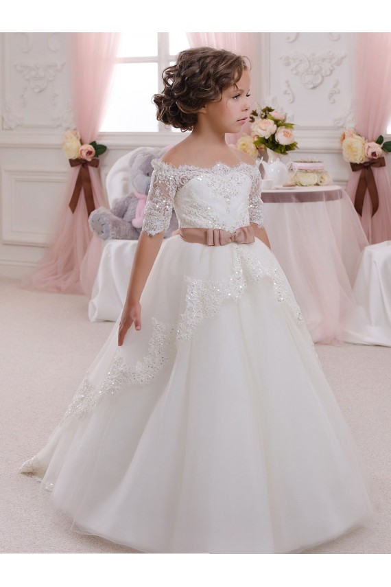 Ivory Ball Gown High Neck Floor Length Short Sleeve Flower Girl Dress Melbourne