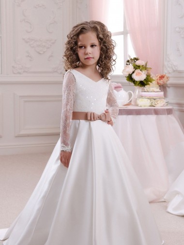 Shop Ivory Ball Gown V-Neck Chapel Train Long Sleeve Flower Girl Dress Melbourne